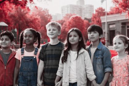 Niñas y niños conviven en un espacio seguro y comunitario, representando la importancia de proteger sus derechos, fomentar su participación y garantizar su bienestar.