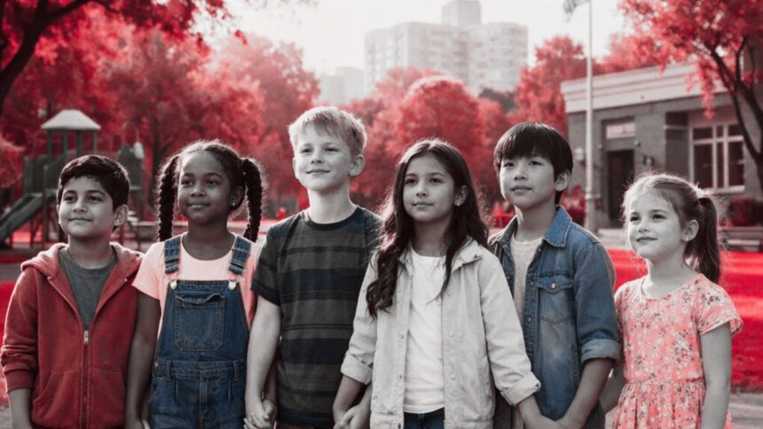 Niñas y niños conviven en un espacio seguro y comunitario, representando la importancia de proteger sus derechos, fomentar su participación y garantizar su bienestar.