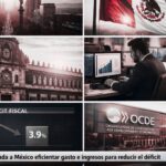 Vista del centro financiero de la Ciudad de México con gráficos económicos superpuestos sobre déficit fiscal tras recomendación de la OCDE.