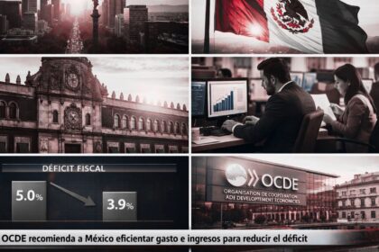 Vista del centro financiero de la Ciudad de México con gráficos económicos superpuestos sobre déficit fiscal tras recomendación de la OCDE.
