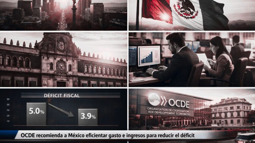 Vista del centro financiero de la Ciudad de México con gráficos económicos superpuestos sobre déficit fiscal tras recomendación de la OCDE.