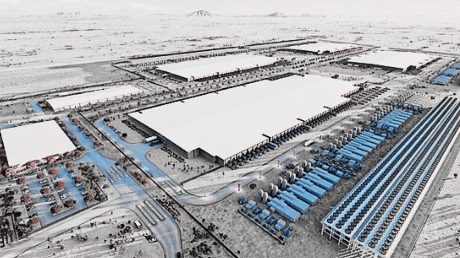 Infraestructura de centros de datos en zona desértica de la frontera entre Estados Unidos y México, donde el uso intensivo de agua genera preocupación por la escasez hídrica.