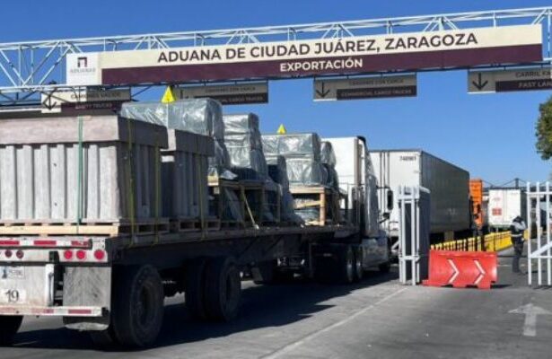 Aduana de Ciudad Juárez, Chihuahua, principal punto de salida de mercancías por carretera, que concentró la mayor parte del valor de las exportaciones registradas en el estado durante agosto de 2026.