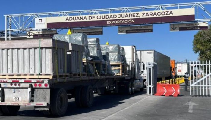 Aduana de Ciudad Juárez, Chihuahua, principal punto de salida de mercancías por carretera, que concentró la mayor parte del valor de las exportaciones registradas en el estado durante agosto de 2026.