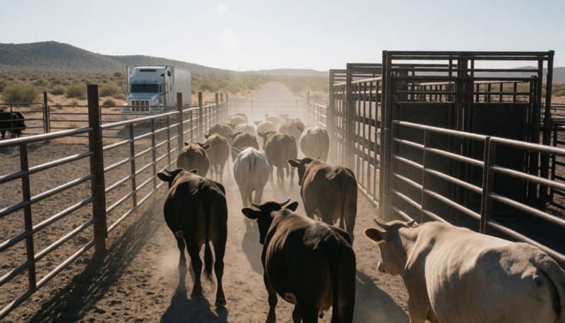 Ganado bovino en Chihuahua previo a su exportación a Estados Unidos por los cruces fronterizos de Puerto Palomas y San Jerónimo.